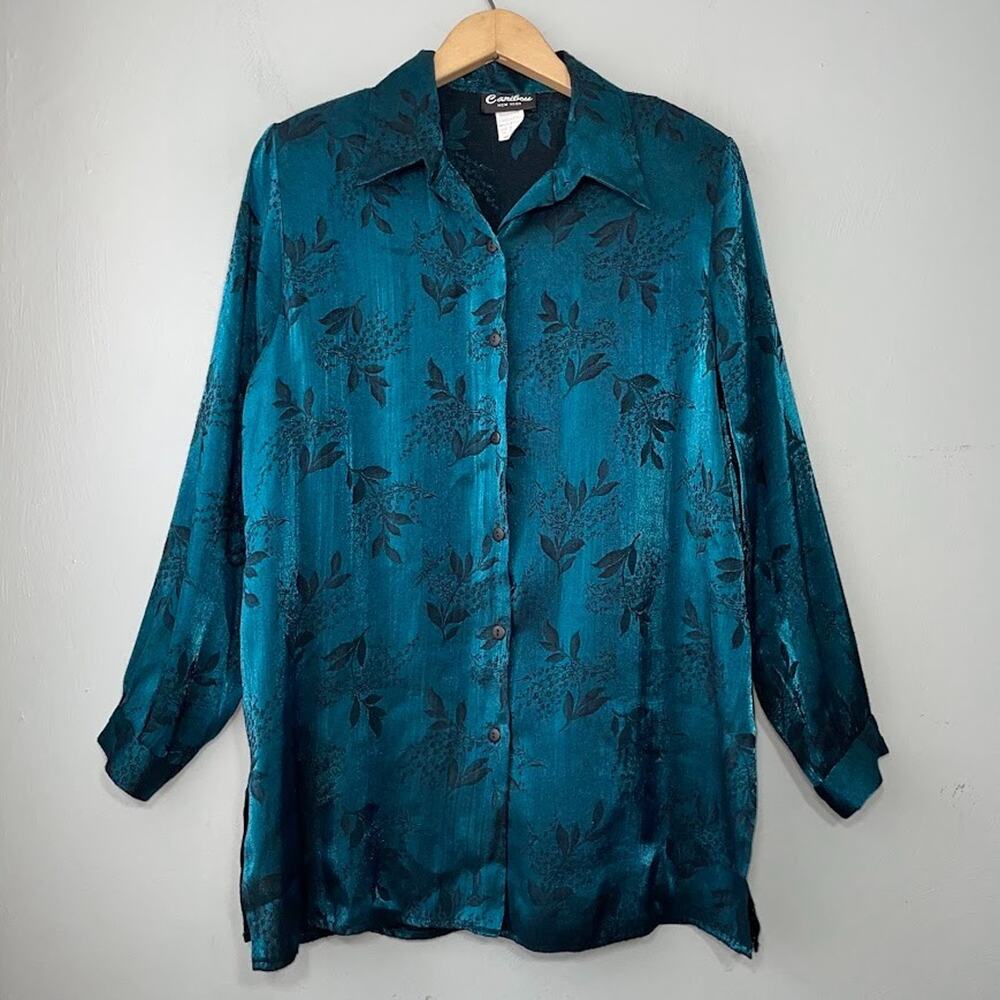 Vintage Caribou Teal Button Up Blouse Size Medium Metallic Y2K Party Whimsigoth